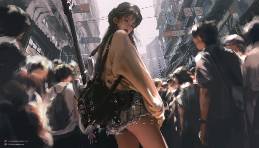 wlop云虫原创绘画都市街头回眸少女暖灰动漫电脑壁纸