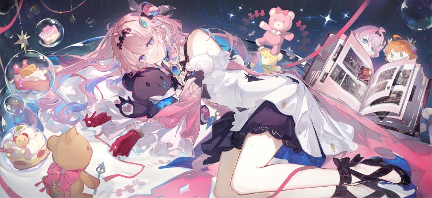 崩坏3爱莉希雅躺卧星空泰迪熊甜点画册梦幻少女动漫电脑壁纸