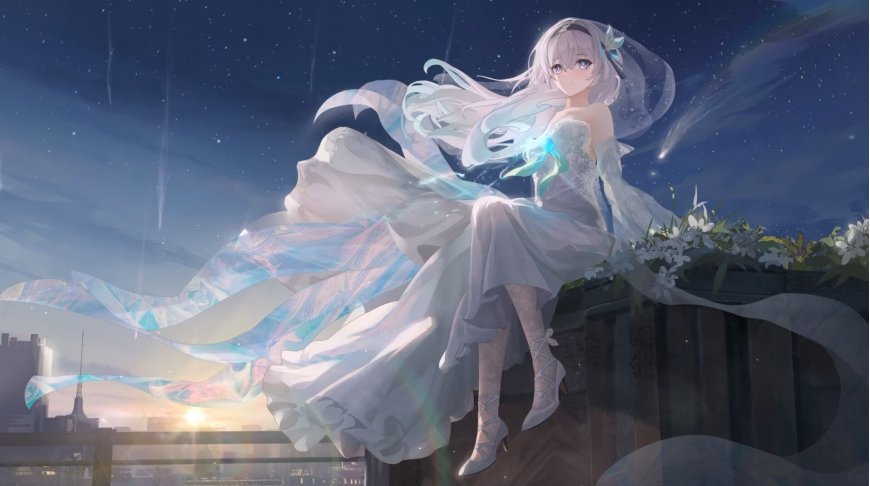 崩坏星穹铁道流萤白纱礼服星空夜坐少女动漫电脑壁纸