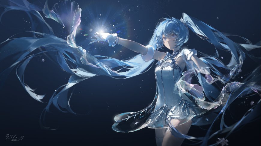 初音未来蓝发飘逸星光闪耀蓝白动漫电脑壁纸