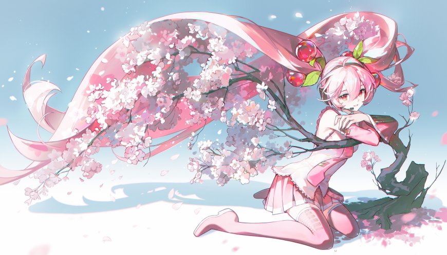 初音未来樱花飘舞粉白动漫电脑壁纸