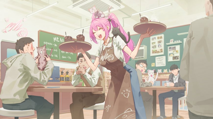粉发猫耳女店员端盘萌宠环绕动漫电脑壁纸