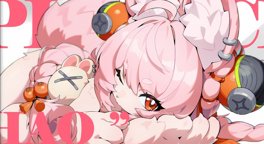 粉色双马尾少女戴耳机抱玩偶粉动漫电脑壁纸