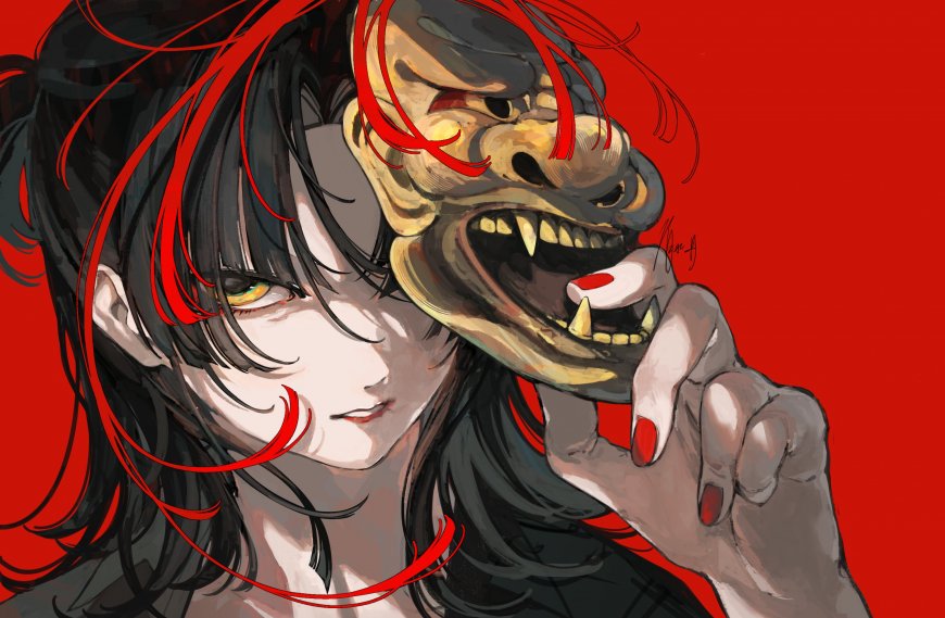 黑发红丝少女持鬼面暗红动漫电脑壁纸