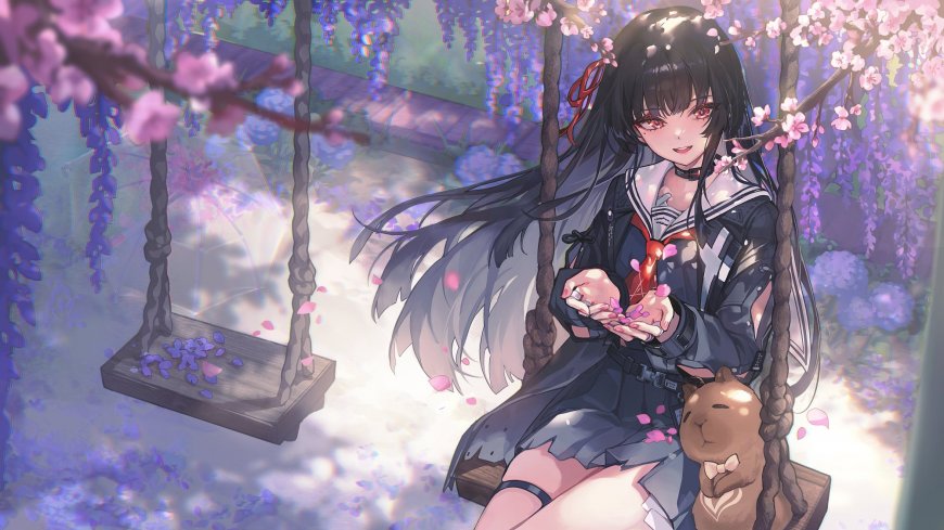 黑长直少女樱花秋千粉紫动漫电脑壁纸