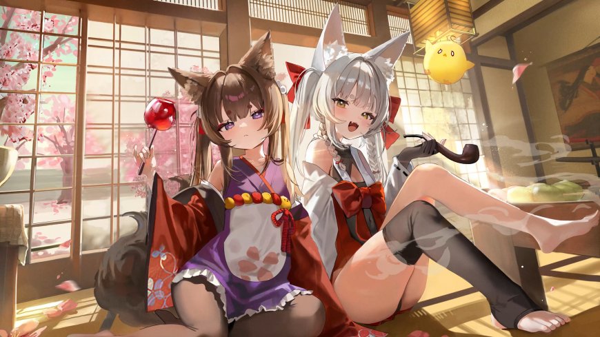 狐耳少女和服樱花日式动漫电脑壁纸