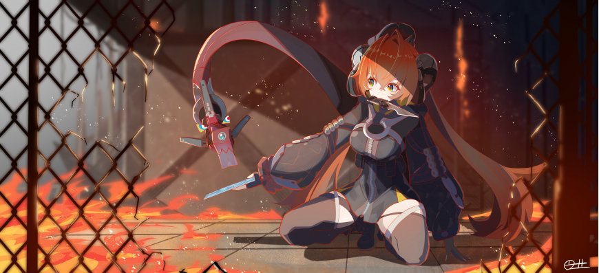 绝区零朱鸢持刀蹲姿火焰铁网少女动漫电脑壁纸