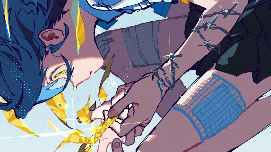 蓝发少年牵手特写几何光影创意原创绘画电脑壁纸