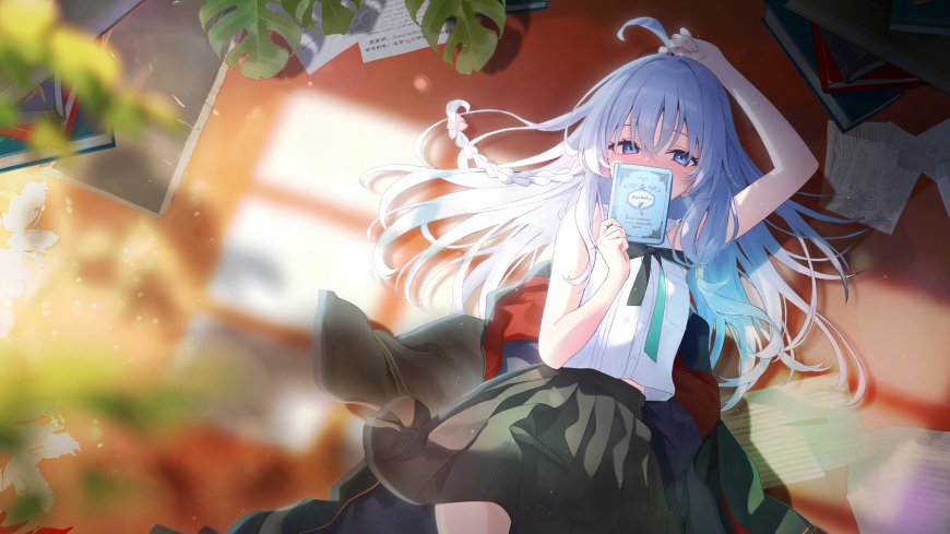 蓝发少女持书遮面暖橙动漫电脑壁纸