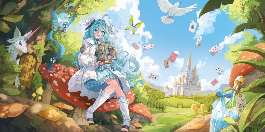 蓝发少女坐蘑菇持鸟笼奇幻森林动漫电脑壁纸