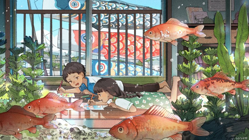 两个孩子趴桌绘画红鲤鱼环绕清动漫电脑壁纸