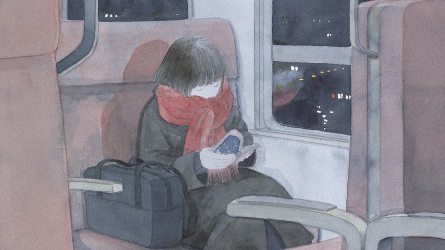 列车少女夜读红围巾灰调手绘动漫电脑壁纸