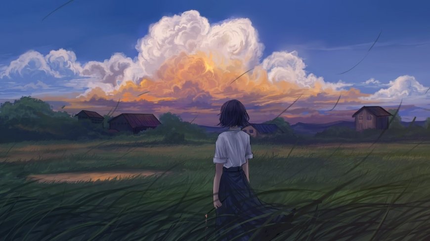 少女背影田野夕阳紫蓝动漫电脑壁纸