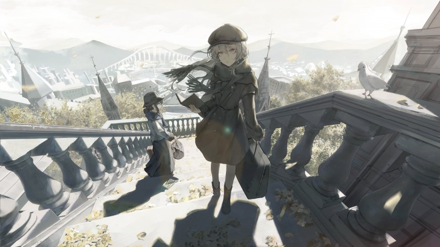少女持书登阶秋叶飘落灰白动漫电脑壁纸