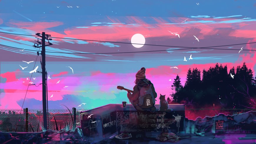 少女弹吉他观夕阳粉紫梦幻风景插画动漫电脑壁纸