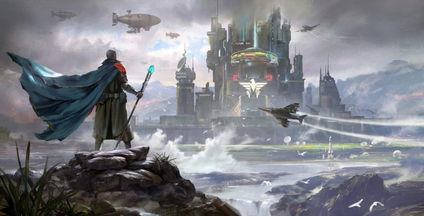 未来都市战士持杖眺望灰蓝科幻电脑壁纸