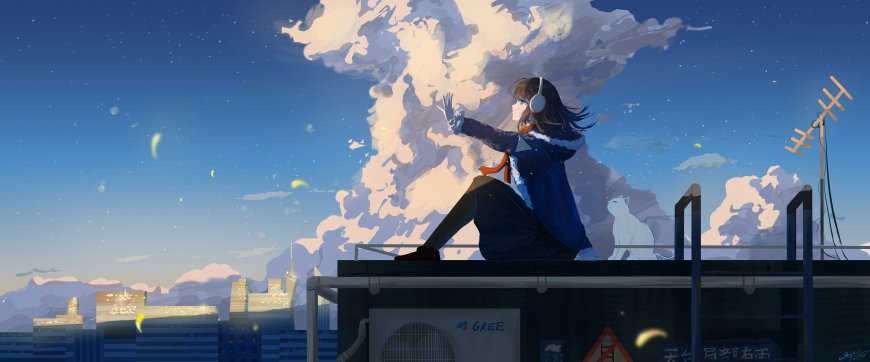 屋顶少女伸手触云蓝白动漫电脑壁纸