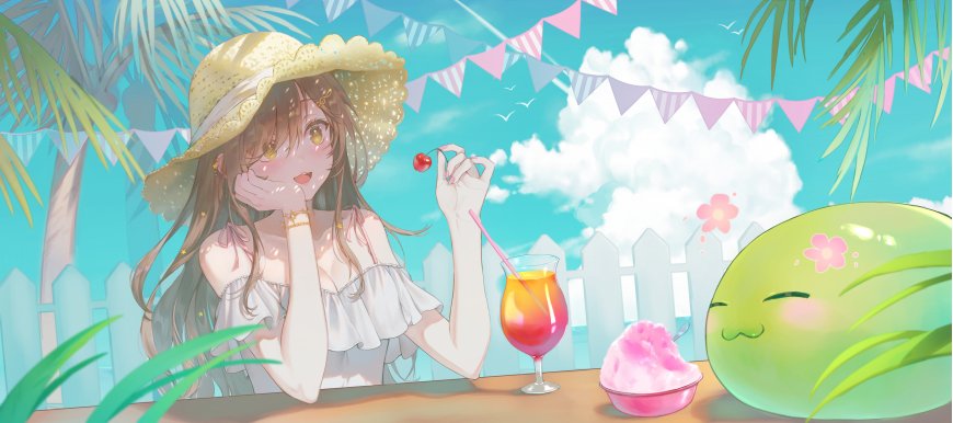 夏日少女草帽樱桃甜饮粉蓝动漫电脑壁纸