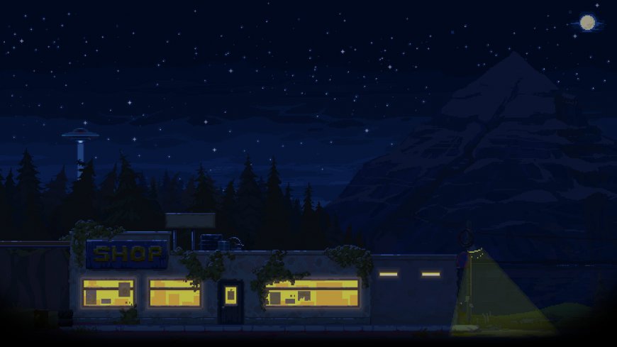 像素风夜景商店雪山星空蓝紫风景电脑壁纸