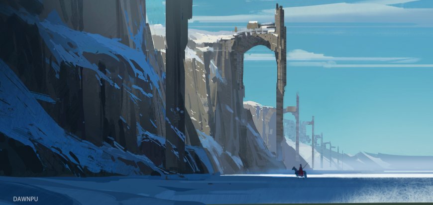 雪原废墟拱门孤骑蓝白奇幻插画电脑壁纸