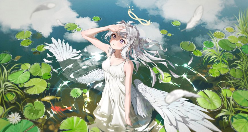 银发天使少女荷塘伫立白绿唯美动漫电脑壁纸