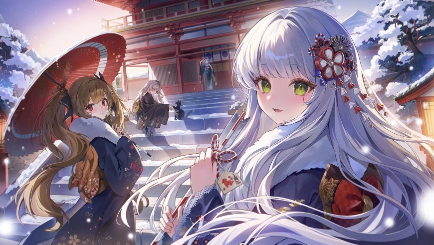 银发少女雪中神社和风动漫电脑壁纸