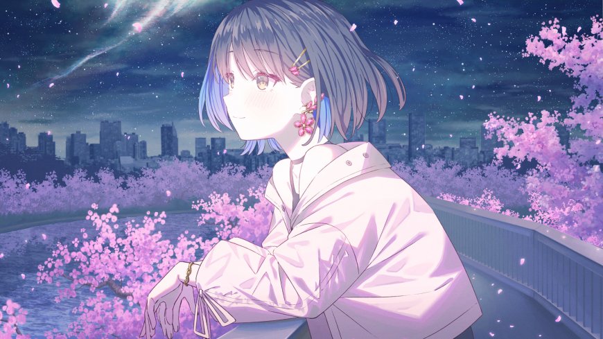 樱花夜景蓝发少女粉紫动漫电脑壁纸