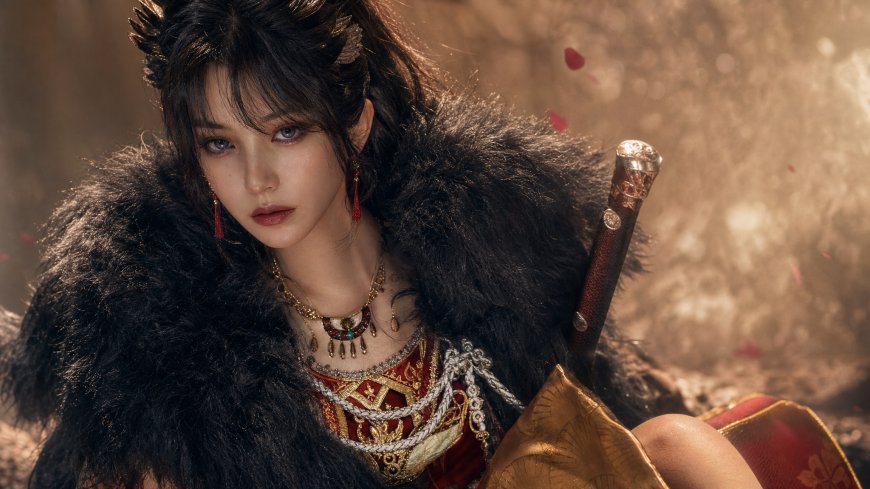 永劫无间顾清寒黑羽披风红金古装美女真人摄影电脑壁