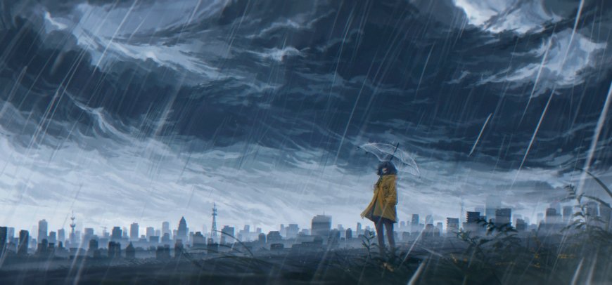 雨中黄衣少女撑伞城市灰蓝动漫电脑壁纸