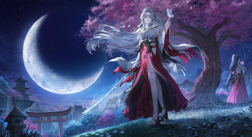 原神八重神子月夜樱树持刀少女动漫电脑壁纸