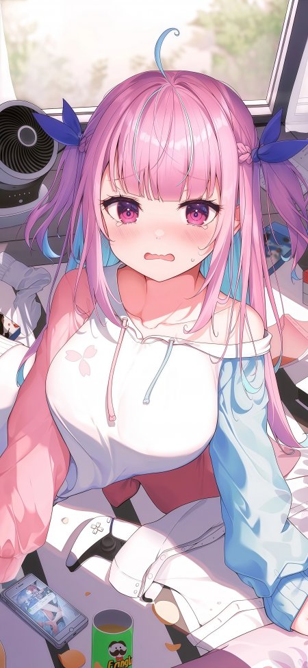 粉发双马尾少女委屈表情粉蓝动漫手机壁纸