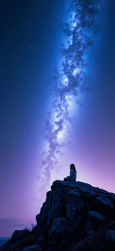 银河璀璨星空下少女坐岩仰望蓝科幻手机壁纸