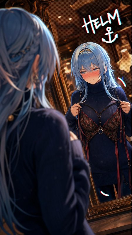 蓝发少女镜前羞涩暗红动漫手机壁纸