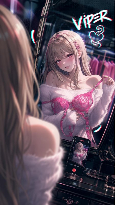金发少女镜前粉衣自拍霓虹光影插画动漫手机壁纸