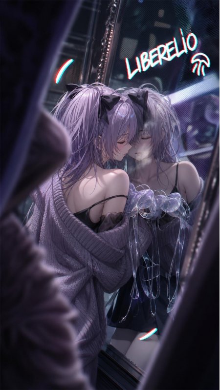 紫发少女镜前拥抱霓虹光影忧郁插画动漫手机壁纸