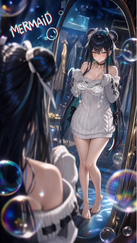 黑发少女镜前灰裙泡泡霓虹光影插画动漫手机壁纸