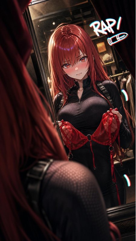 红发少女镜前持红内衣暗红动漫手机壁纸