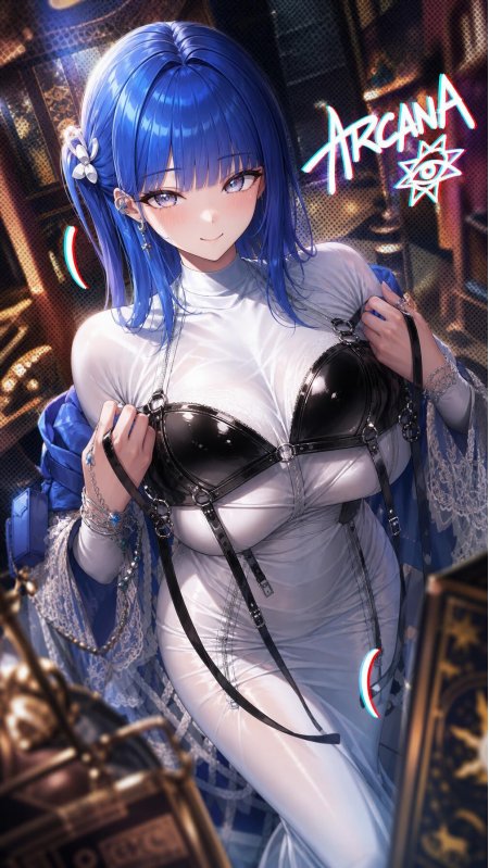蓝发少女白裙黑饰粉紫动漫手机壁纸
