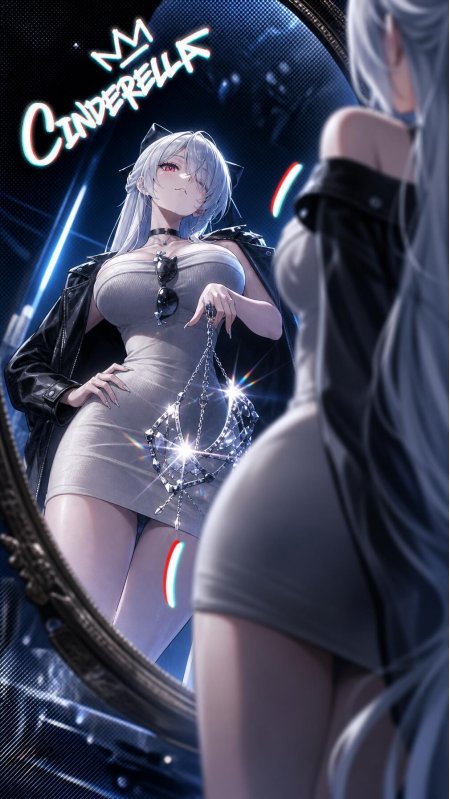 银发少女镜前皮衣链条霓虹光影插画动漫手机壁纸