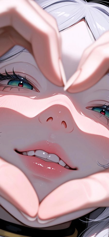 银发少女比心微笑粉嫩动漫手机壁纸