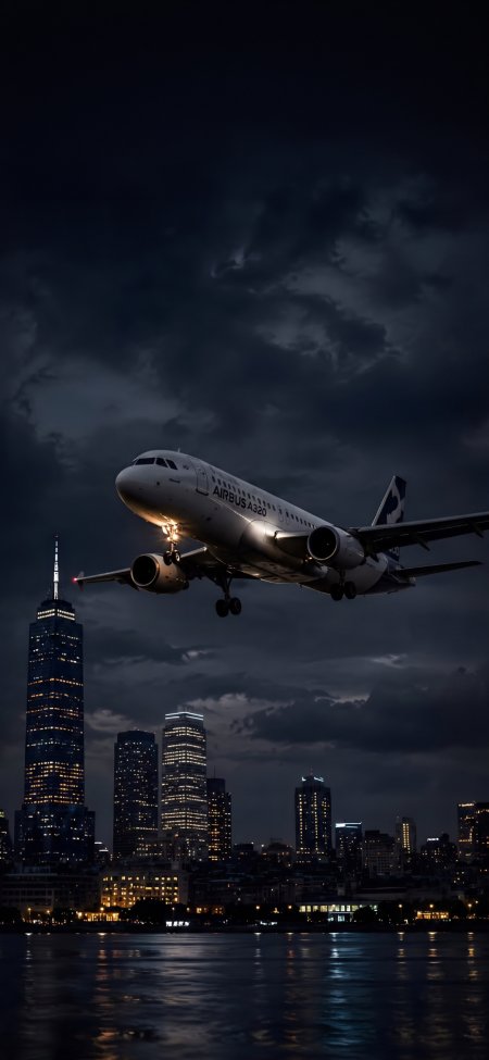 空客A320夜航降落城市天际建筑手机壁纸
