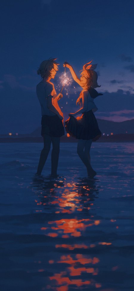 初音未来镜音连海边烟花橙蓝动漫手机壁纸