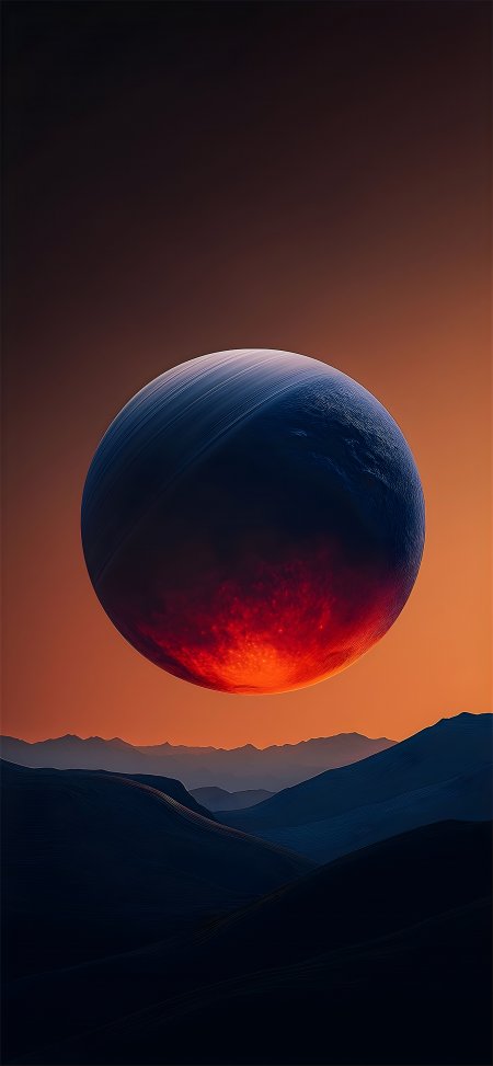 暗红星球悬于山峦之上橙蓝渐变科幻手机壁纸