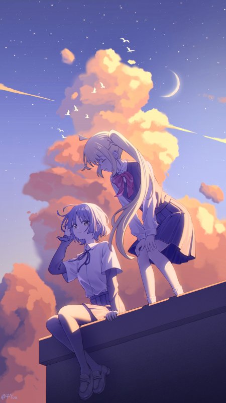 两位少女屋顶仰望星空紫橙动漫手机壁纸