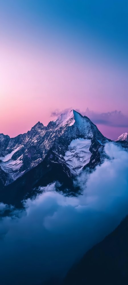 雪山巍峨云海缭绕粉紫蓝风景手机壁纸