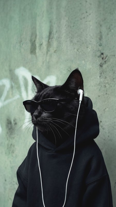 黑猫戴墨镜穿卫衣听歌青灰萌宠手机壁纸