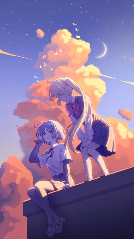动漫少女屋顶观星紫橙唯美动漫手机壁纸