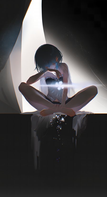 黑发蓝瞳少女抱膝坐光束中暗蓝动漫手机壁纸