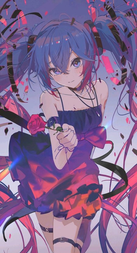 蓝发双马尾少女持红玫瑰紫粉动漫手机壁纸