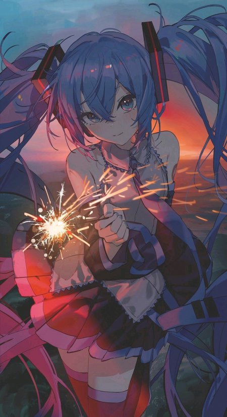 初音未来手持烟花蓝紫渐变动漫手机壁纸